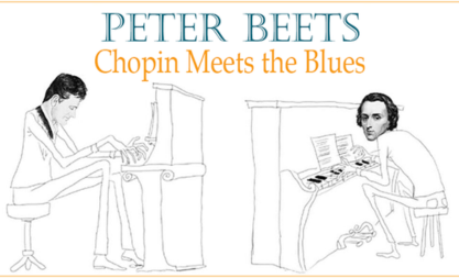 Line art drawing of two men playing two pianos. One man has Chopin's head edited onto him. Text reads Peter Beets Chopin Meets the Blues