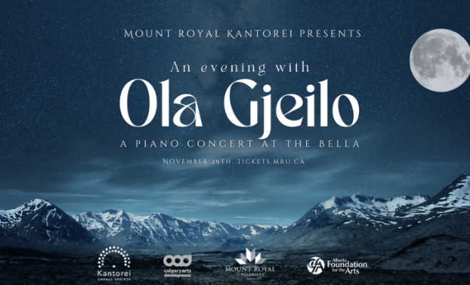 Background image of a mountainscape at night. Text: Mount Royal Kantorei Presents An Evening with Ola Gjeilo A Piano Concert at the Bella