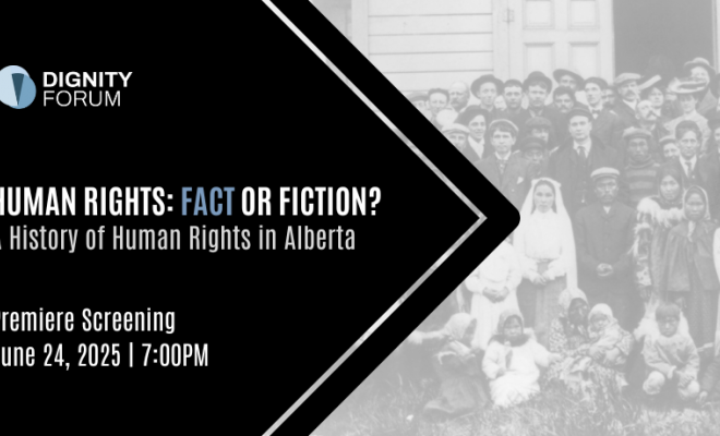 Background: old black and white photo of a group of people. Text: Human Rights: Fact or Fiction? A History of Human Rights in Alberta