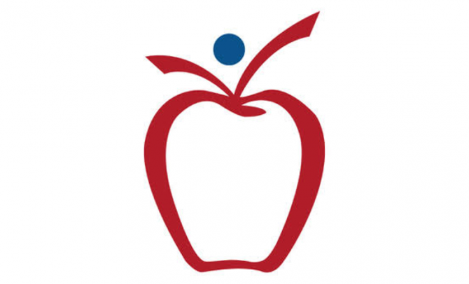 Calgary French & International School logo - red outline of an apple with a blue dot at the top of it.