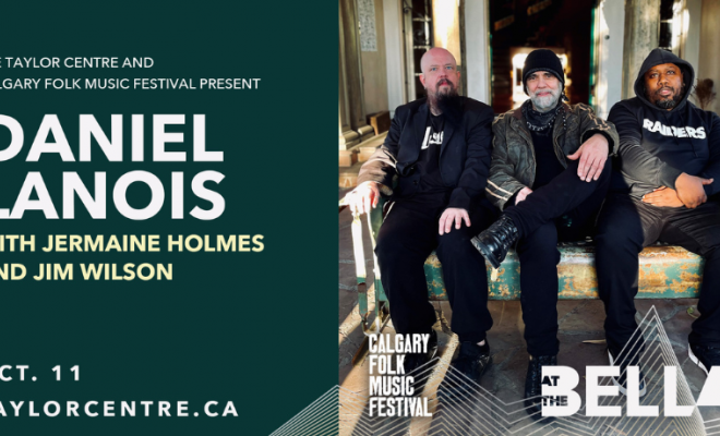 The Taylor Centre and Calgary Folk Music Festival presents Daniel Lanois With Jermaine Holmes and Jim Wilson Oct. 11. Photo of the 3 men.